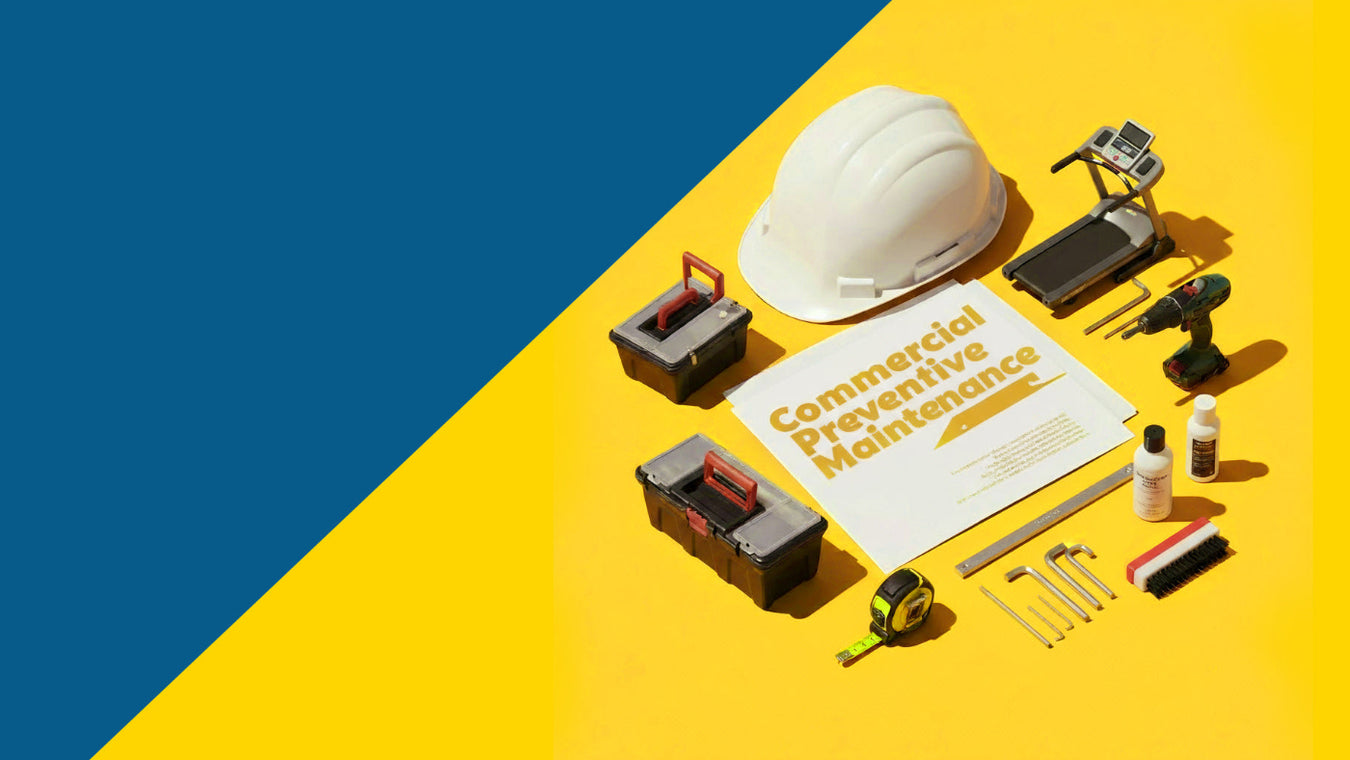 Construction tools and safety gear on a blue and yellow background with a 'Commercial Preventive Maintenance' sign.