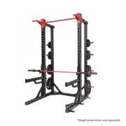 Black weightlifting rack with red accents on a white background