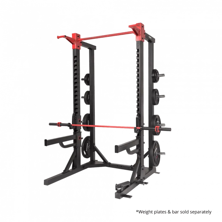 Black weightlifting rack with red accents on a white background