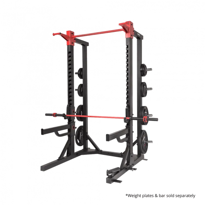 Black weightlifting rack with red accents on a white background