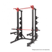 Black weightlifting rack with red accents on a white background