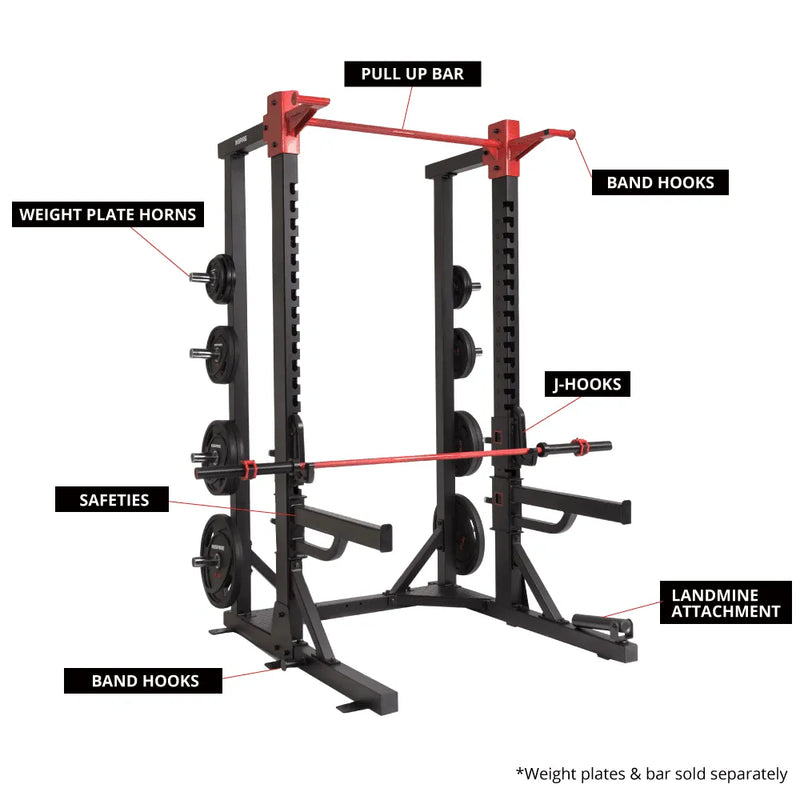 Wod Pro Power Rack with labeled components on a white background