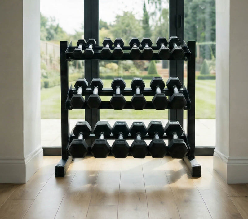 Fitway Rubber Hex Dumbbells 5-50lb Combo with Rack