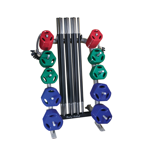 Bodysolid Cardio Barbell Rack view with bars and weight plates | Fitness Experience