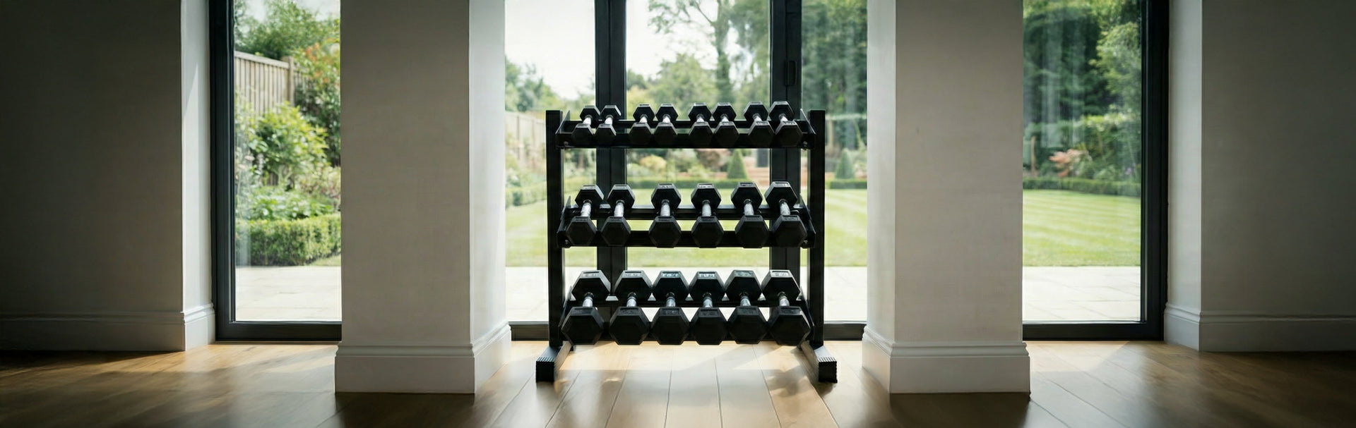 Dumbbell Sale - 0.99/lb.Dumbbell rack with weights in a room with large windows showing greenery outside