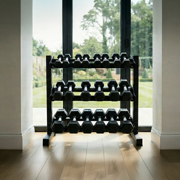 Dumbbell rack with weights in a home gym setting