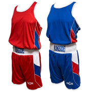 Two reversible boxing outfits, one with red and the other with blue as the primary colors, each including a jersey and shorts with a white and white trim, and a visible 'Ringside' brand logo.