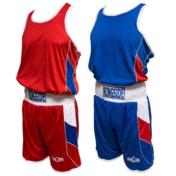 Two reversible boxing outfits, one with red and the other with blue as the primary colors, each including a jersey and shorts with a white and white trim, and a visible 'Ringside' brand logo.