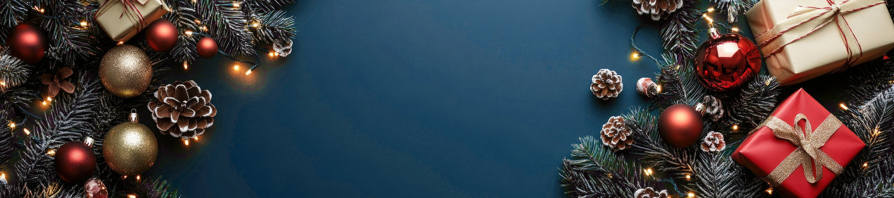 Decorative Christmas scene with ornaments, lights, and a gift on a dark blue background