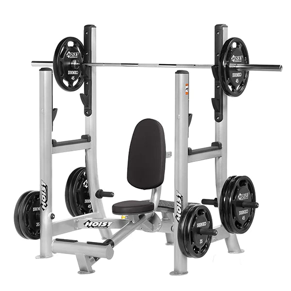 Hoist Fitness CF-3860 Military Press view with bar and weight plates | Fitness Experience