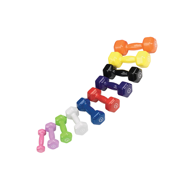 Body-Solid GDR500-PACK Commercial Vinyl Dumbbell Rack Package view of dumbbell assortment | Fitness Experience