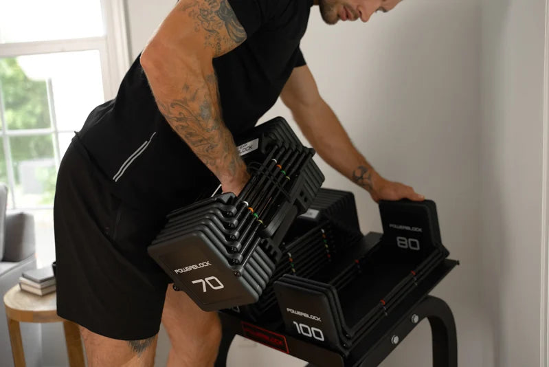 Powerblock Pro100 EXP Stage 3 shown at max weight with stages 2, 3 and 4 expansion kits | Fitness Experience