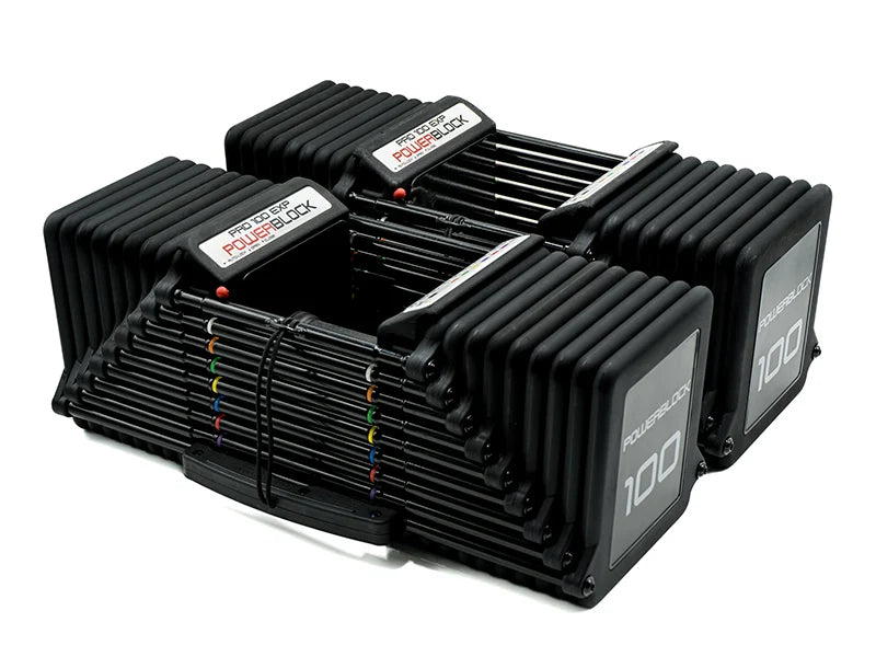 Powerblock Pro100 EXP Stage 1 shown with weight expansion kits | Fitness Experience
