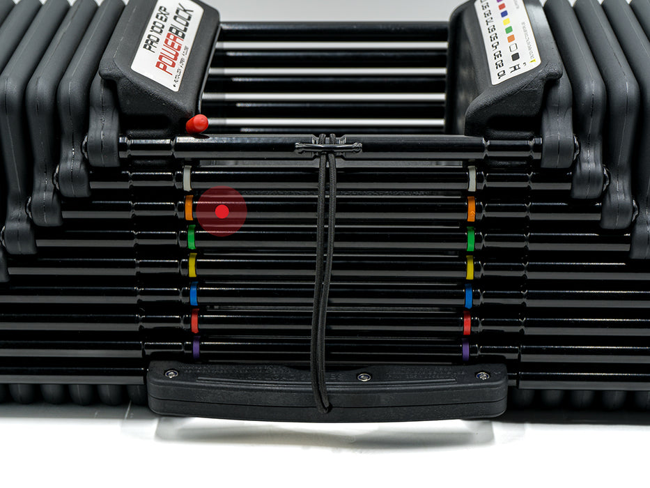 Powerblock Pro100 EXP Stage 3 shown at max weight with stages 2, 3 and 4 expansion kits | Fitness Experience