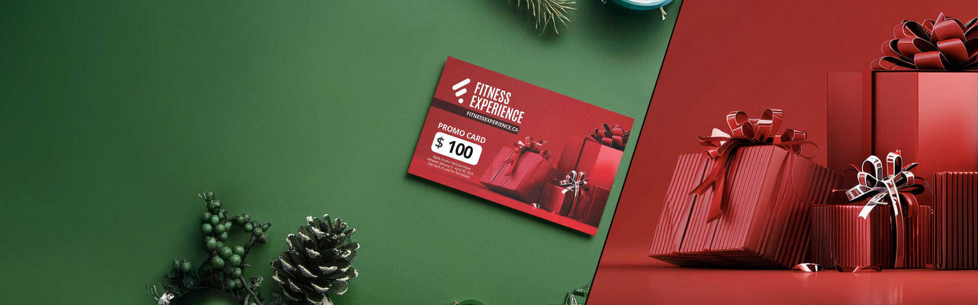 Fitness Experience gift card on a green background with red gift boxes and ribbons on a red background.