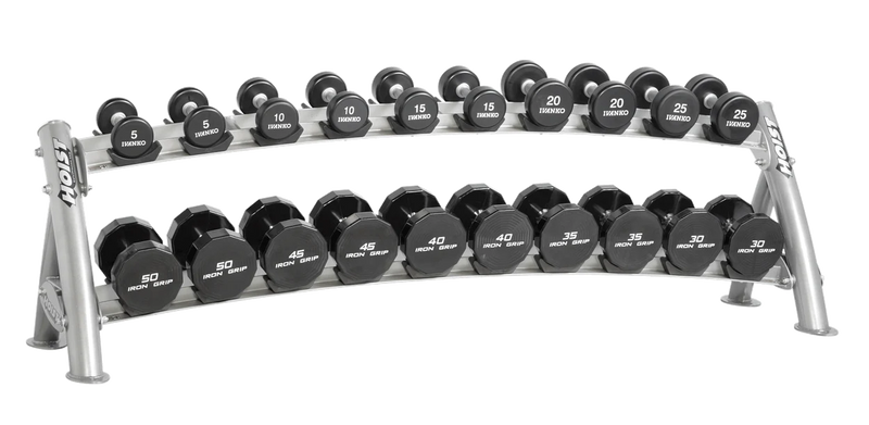 Hoist Fitness CF-3461-2 2-Tier Horizontal Dumbbell Rack view with dumbbells | Fitness Experience