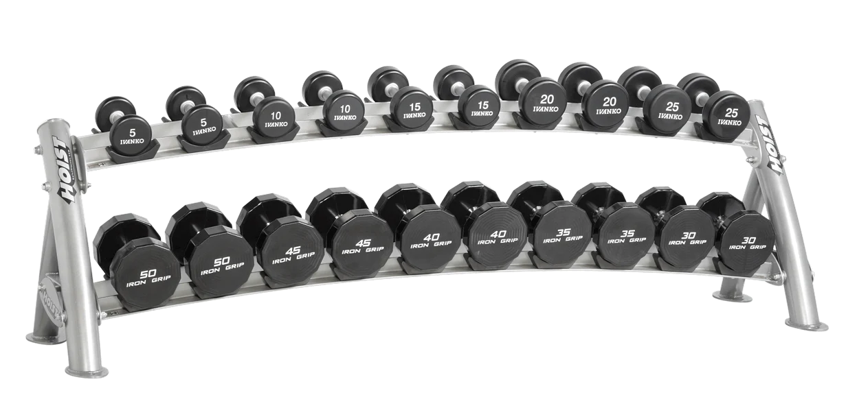 Hoist Fitness CF-3461-2 2-Tier Horizontal Dumbbell Rack view with dumbbells | Fitness Experience