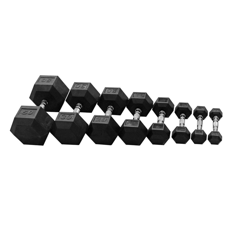 Fitway Rubber Hex Dumbbells 5-50lb Combo with Rack