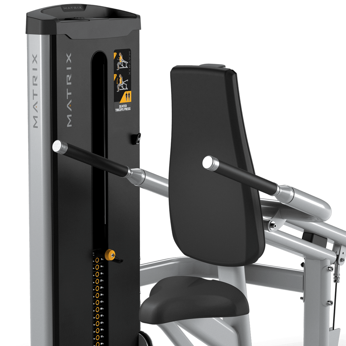 Matrix Fitness Go Series Seated Triceps Press handle and seat view | Fitness Experience