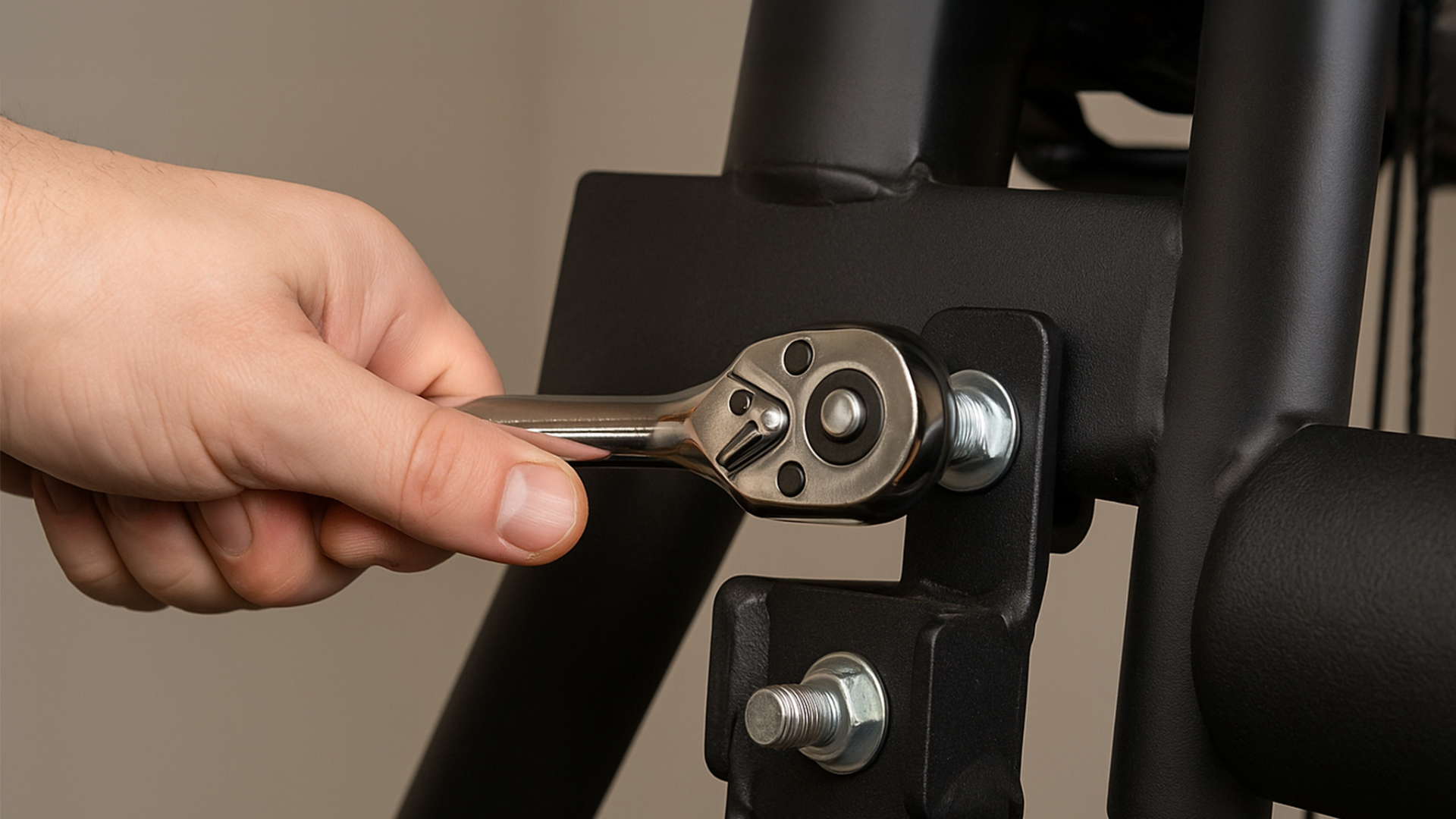 Person using a wrench on a mechanical component with a neutral background