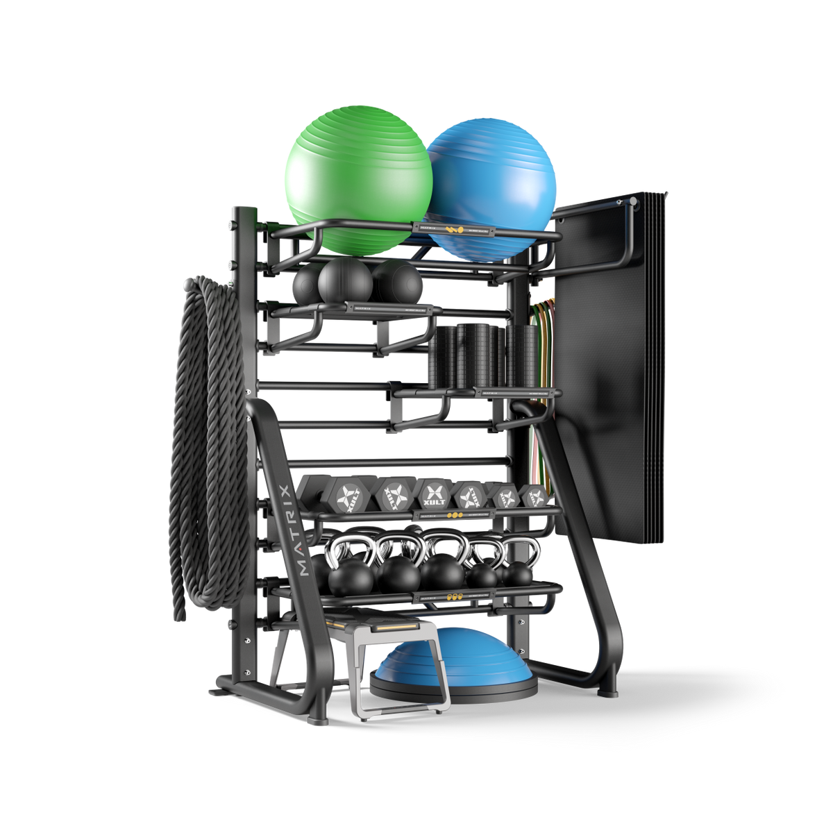 Matrix Fitness Connexus Storage Station full view with accessories | Fitness Experience