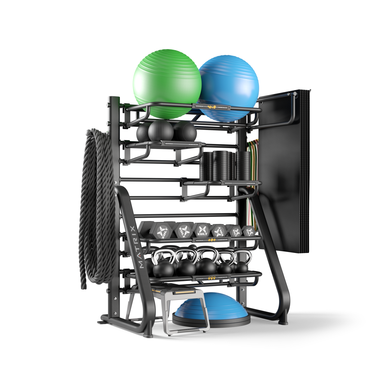 Matrix Fitness Connexus Storage Station full view with accessories | Fitness Experience