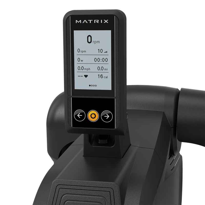 Matrix exercise bike console with digital display on a green background