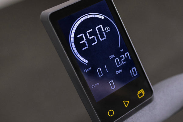 Backlit LED display tracks speed, distance, watts, HR*, calories, & more