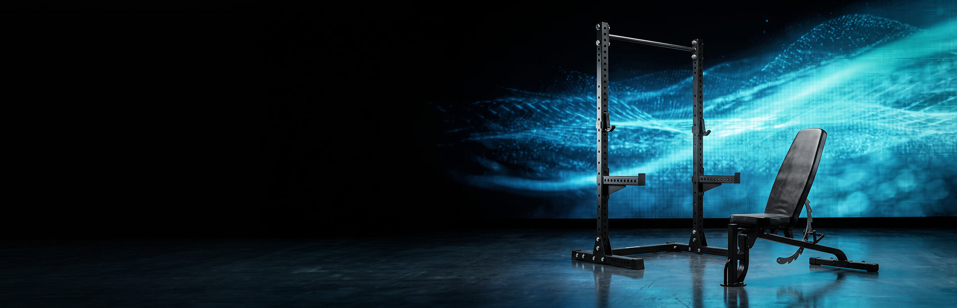 A black adjustable weight bench and squat rack set displayed on a dark studio floor with a glowing blue digital background.