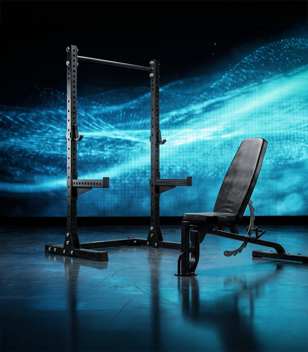 A black adjustable power rack and weight bench set displayed together in a dark gym-like setting with a glowing blue abstract background.