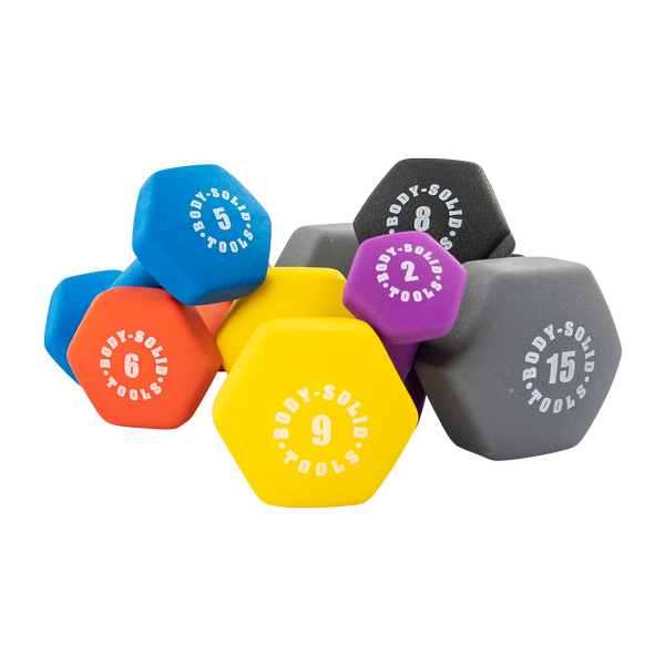 Bodysolid Blue 5lb Neoprene Dumbbell view with different weight options | Fitness Experience
