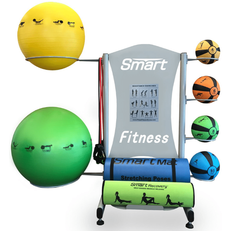 Prism Fitness Smart Essential Storage Tower shown with accessories | Fitness Experience