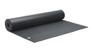Black yoga mat with a brand logo on a transparent background