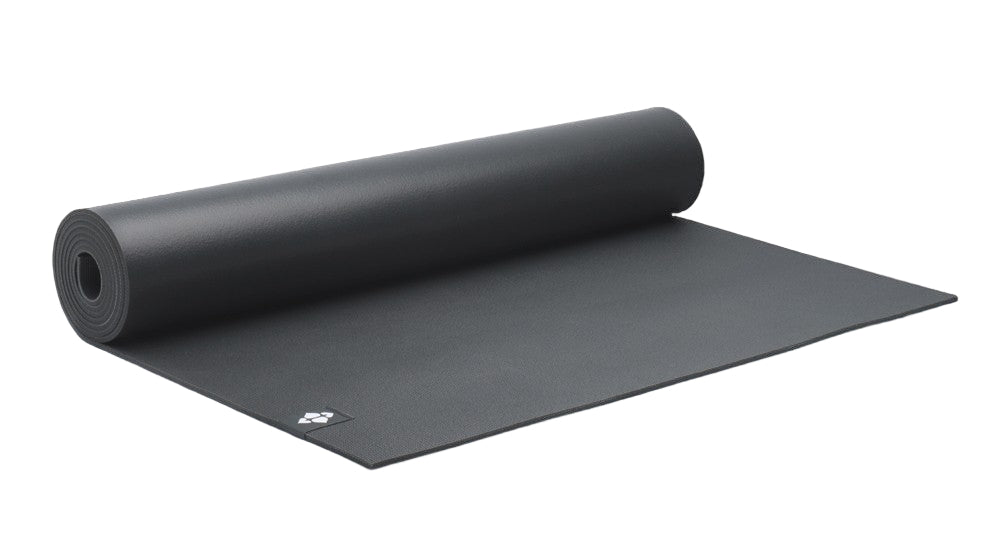 Black yoga mat with a brand logo on a transparent background