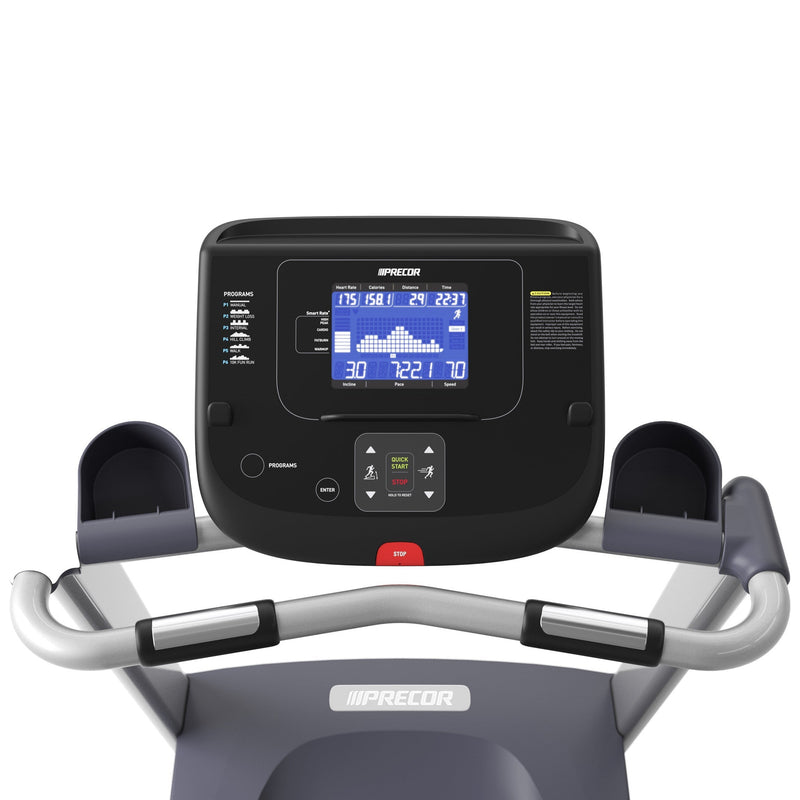 View of the console on the Precor TRM211 treadmill from Fitness Experience. Simple console for Canadian home gyms.